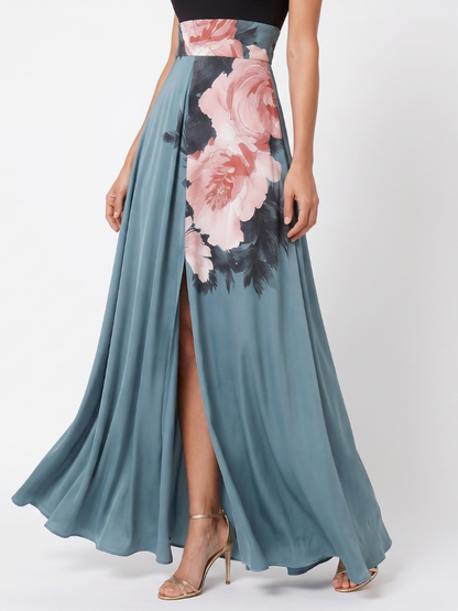 Olympas | Halter Bodice Floral Skirt Maxi Dress